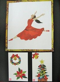 画像:新聞ちぎり絵の作品3点