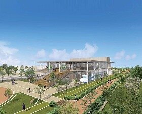 画像:健都ライブラリー完成イメージ図です。車両を囲うように建物を建設していきます。