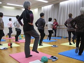 画像：参加者が立って腰に手を当てて片足を上げてバランスを取っている様子