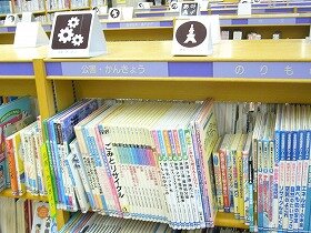 画像：江坂図書館に設置した子供の本のピクトグラムのサインの一例
