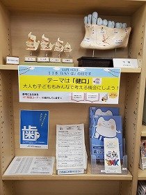 画像：歯の骨格模型とパンフレットが並ぶ、健康啓発コーナー。
