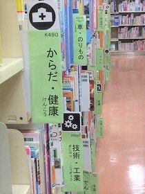 画像：子どもの本だなの見出しにもピクトグラムをつけてあります。