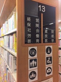 画像：大人の本だなには側面にピクトグラムをつけました。