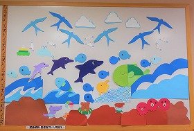 画像：海、海水浴、波、魚、イルカ、7月の壁面飾りです。