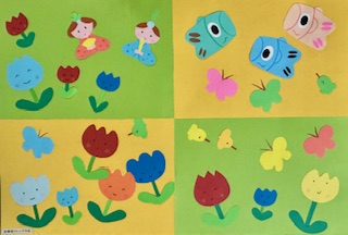 花や小鳥、蝶のほか、ひなまつりやこどもの日のモチーフが施された今年の春の壁面飾りです。