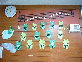 写真1　かえるがかたつむりの楽譜で合唱している装飾。