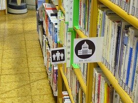 江坂図書館に設置した大人の本のピクトグラムのサインの一例