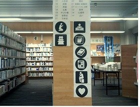 山田駅前図書館の本棚側面に掲示したピクトグラム