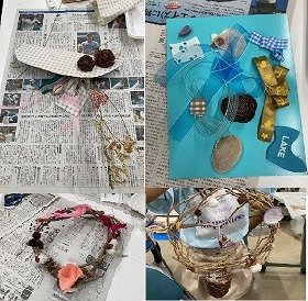 写真2　できあがったリースなどの作品。下に敷いてあるのは作業用の新聞紙です。