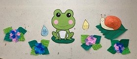 写真1　開始時の、かえる、あじさい、かたつむりの壁面装飾