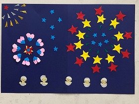 花火と、花火を見るひよこたち