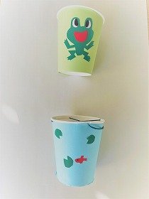 写真1　紙コップと輪ゴムを使ってかえるをジャンプさせる工作。