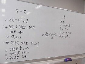 会議で出されたテーマの案がホワイトボードに書かれている。